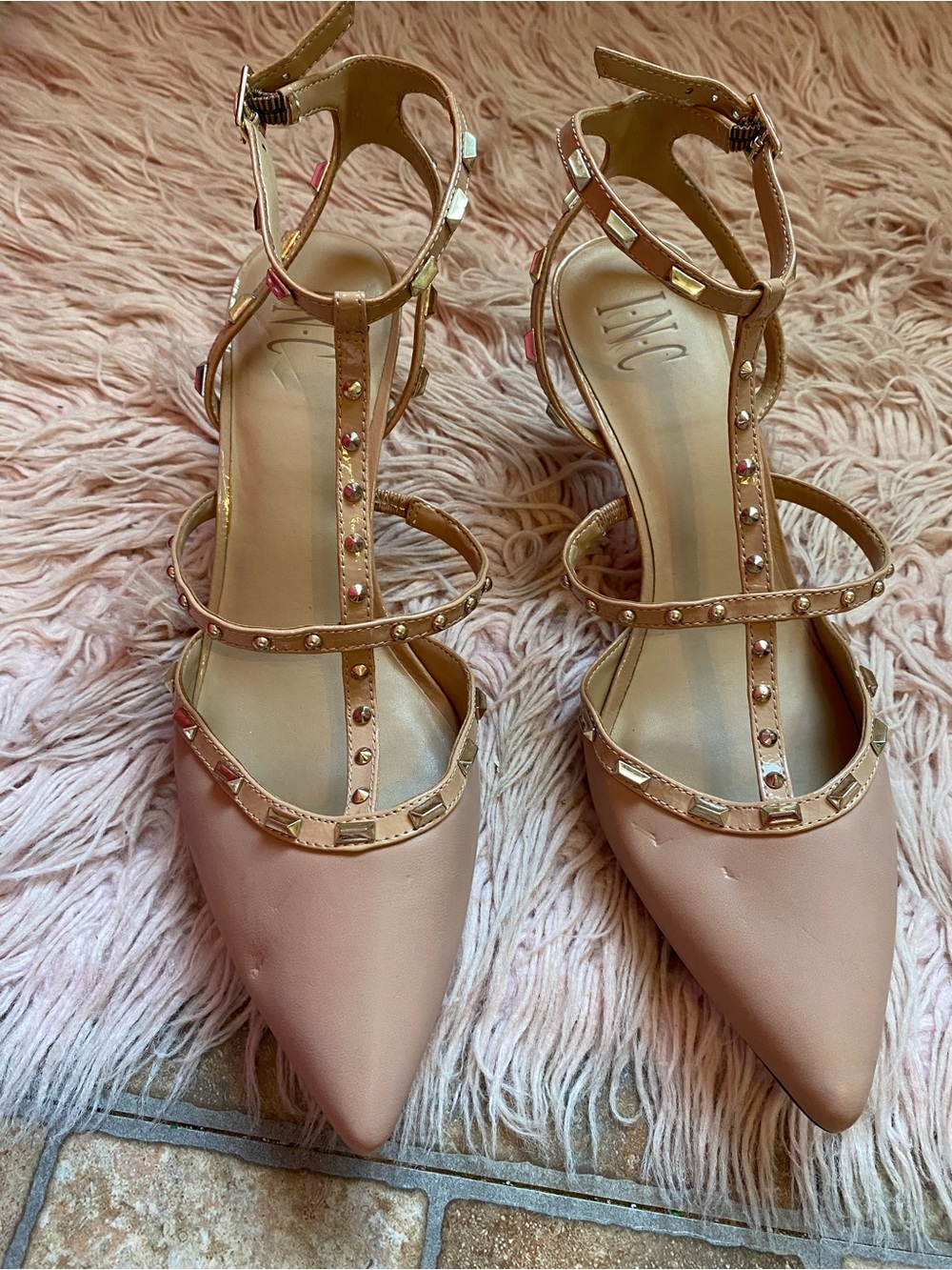 INC International Concepts Nude Studded T-Strap Pointed Heels - Picture 5 of 5